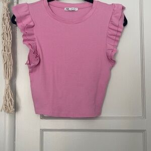 Zara Ribbed Pink Crew Neck Top size Large